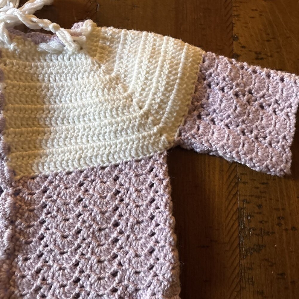 Vintage Heavy Crocheted Baby Sweater Purple And White 12-18 Mo - Picture 3 of 8